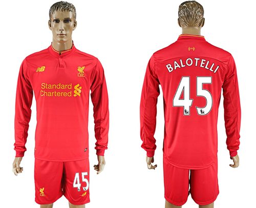 Liverpool #45 Balotelli Home Long Sleeves Soccer Club Jersey